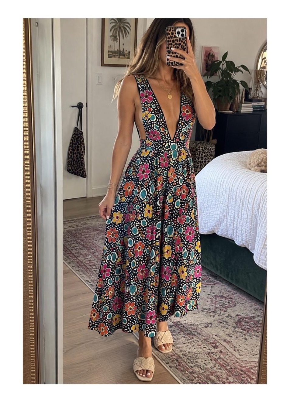 Topshop Black Floral Deep-V Midi Dress with Multicolor Blooms